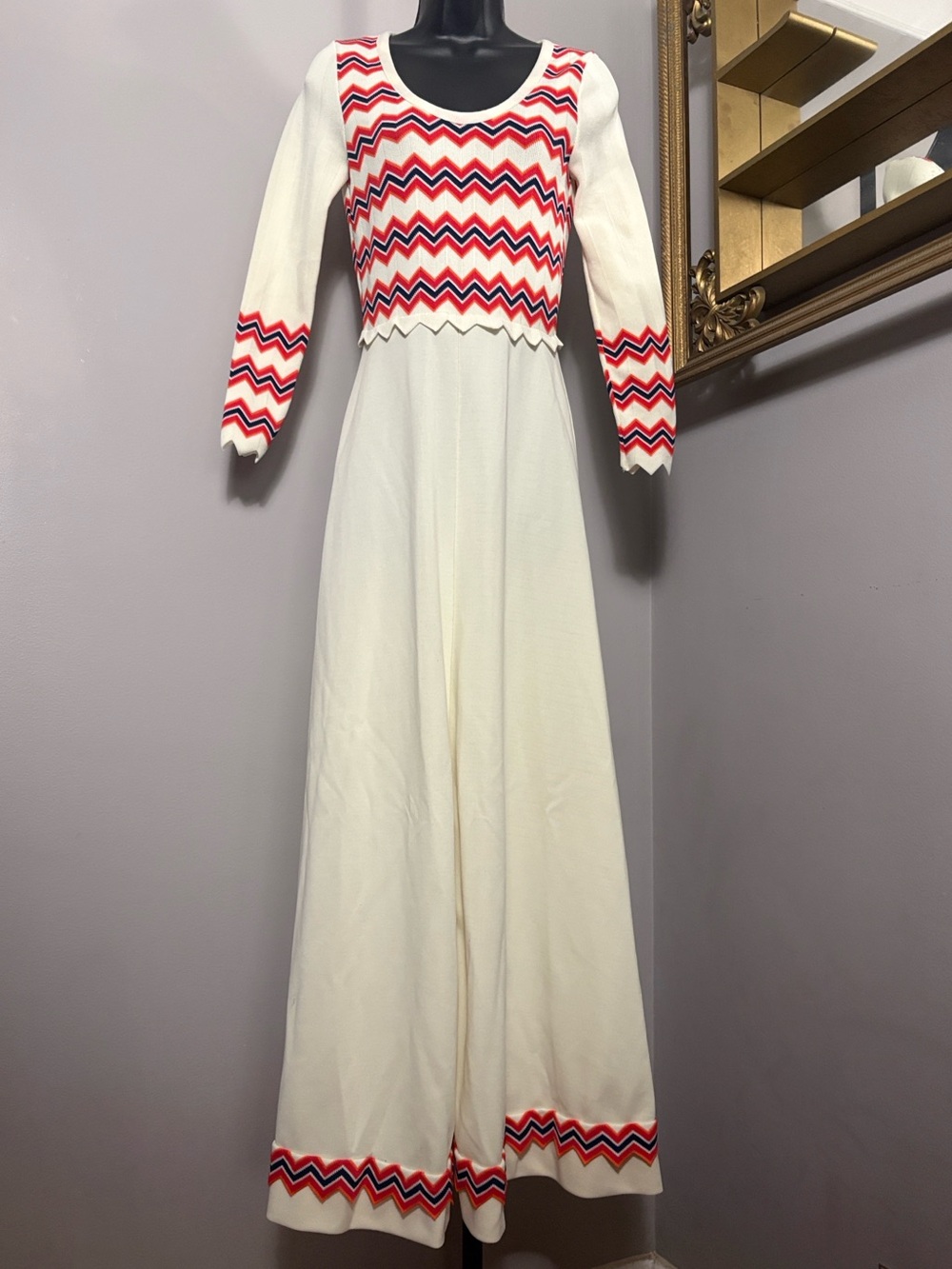 Jacobson’s VINTAGE Small White Maxi Dress with Red Chevron Bodice and Trim